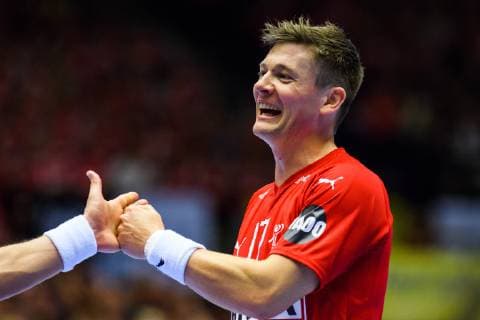 190112 Lasse J Svan of Denmark celebrates during the IHF World Handball Championship match between Denmark and Tunisia on January 12 2019 in Herning Photo Jon Olav Nesvold BILDBYR u0081N kod JE 160397, detectedSourceLanguage  Copyright: JONxOLAVxNESVOLD BB190112JE106