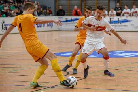 Jan Kozojed FK Dukla Prague and Ahmetcan Sifayin VfB Stuttgart Germany Gaildorf 12 01 2019 Sports Youth Football 30 Int U17 Indoor Football Tournament Youth Euro Cup 2019 Sports Hall