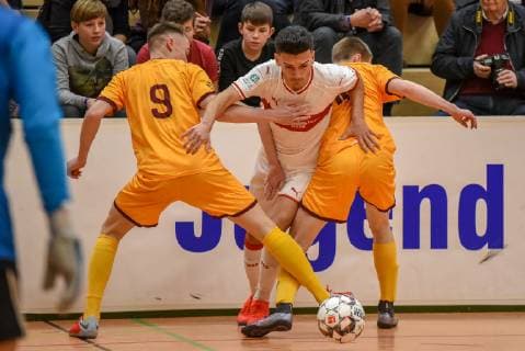 Stepan Sebrle FK Dukla Prague Atmir Krasniqi VfB Stuttgart and Jakub Uhlir FK Dukla Prague Germany Gaildorf 12 01 2019 Sports Youth Football 30 Int U17 Indoor Football Tournament Youth Euro Cup 2019 Sports Hall