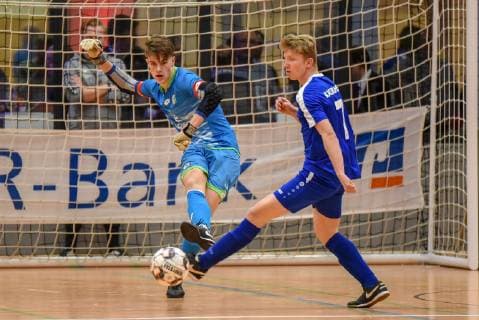 Goalkeeper Simon Spari SK Sturm Graz and Luca Nagelbach Karlsruher SC Germany Gaildorf 12 01 2019 Sports Youth Football 30 Int U17 Indoor Football Tournament Youth Euro Cup 2019 Sports Hall