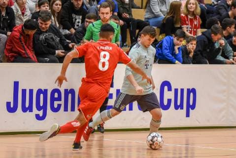 Arif Alkan 1 FC Köln and Dejam Igrjatic FC Bayern Muenchen Germany Gaildorf 12 01 2019 Sports Youth Football 30 Int U17 Indoor Football Tournament Youth Euro Cup 2019 Sports Hall