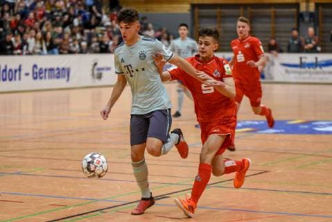 David Halbich FC Bayern Muenchen and Markus Krohn 1 FC Köln Germany Gaildorf 12 01 2019 Sports Youth Football 30 Int U17 Indoor Football Tournament Youth Euro Cup 2019 Sports Hall
