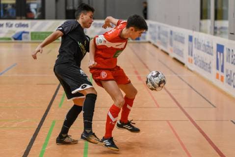 Tobias Strahlhofer SK Sturm Graz and Leon Troschka Fortuna Düsseldorf Germany Gaildorf 12 01 2019 Sports Youth Football 30 Int U17 Indoor Football Tournament Youth Euro Cup 2019 Sports Hall