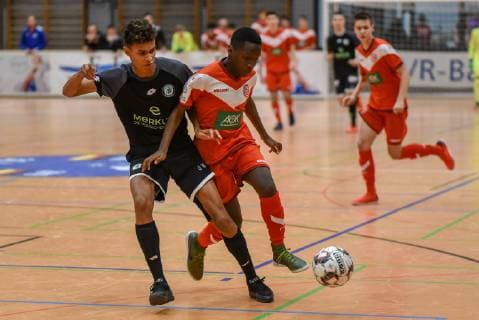 Simon Nelson SK Sturm Graz and Hassan Turay Fortuna Düsseldorf Germany Gaildorf 12 01 2019 Sports Youth Football 30 Int U17 Indoor Football Tournament Youth Euro Cup 2019 Sports Hall