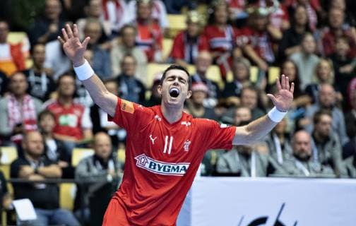 Rasmus Lauge of Denmark during the mens IHF Handball World Championship Group C match between Denmark and Tunisia in Herning Denmark Saturday Jan 12 2019 Herning Jutland Denmark, detectedSourceLanguage  Copyright: HenningxBagger HenningxBaggerx COP101 spdk20190112-205601-L