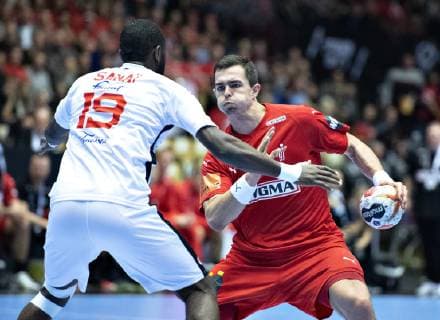 Rasmus Lauge of Denmark against Mosbah Sanai of Tunisia during the mens IHF Handball World Championship Group C match between Denmark and Tunisia in Herning Denmark Saturday Jan 12 2019 Herning Jutland Denmark, detectedSourceLanguage  Copyright: HenningxBagger HenningxBaggerx COP101 spdk20190112-205824-L