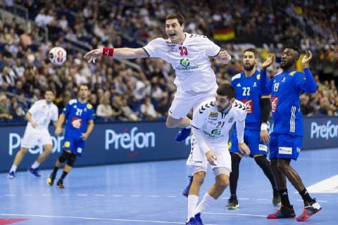 Mijajla Marsenic No 33 Serbia vs Luka Karabatic No 22 France and Luc Abalo No 19 France vs Serbia Preliminary round Handball IHF Handball World Championship 12 01 19 Berlin Berlin Germany Mercedes Benz Arena Copyright: xAgentur54Gradx xFelixxKoenigx