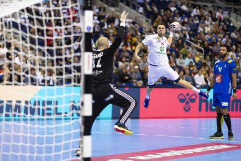Bogdan Radivojevic Nr 14 Serbia vs. Vincent Gerard Nr 12 France vs. Serbia Preliminary round Handball IHF Handball World Championship 12 01 19 Berlin Berlin Germany Mercedes Benz Arena Copyright: xAgentur54Gradx xFelixxKoenigx