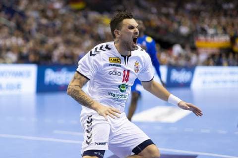 Bogdan Radivojevic Nr 14 Serbia is happy after a goal France vs. Serbia Preliminary round Handball IHF Handball World Championship 12 01 19 Berlin Berlin Germany Mercedes Benz Arena Copyright: xAgentur54Gradx xFelixxKoenigx