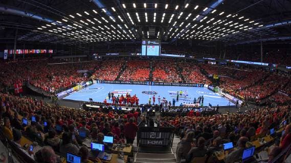 HANDBALL - IHF WC, DEN vs TUN HERNING,DENMARK,12.JAN.19 - HANDBALL - IHF Men s World Championships, international match Länderspiel Denmark vs Tunisia. Image shows a scene of the match DEN against TUN in the sold out arena in Jyske Bank Boxen. GEPAxpictures xOliverxLerch