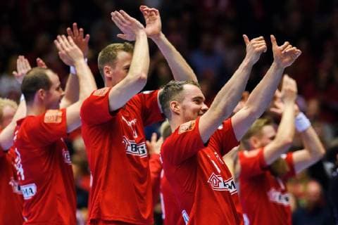 190112 Casper U B Mortensen of Denmark celebrates with teammates after the IHF World Handball Championship match between Denmark and Tunisia on January 12 2019 in Herning Photo Jon Olav Nesvold BILDBYR u0081N kod JE 160397, detectedSourceLanguage  Copyright: JONxOLAVxNESVOLD BB190112JE133