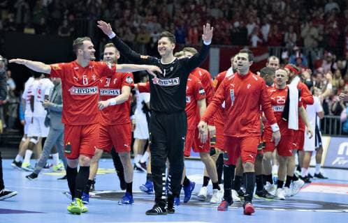 The Danish players celebrate the victory in the men s IHF Handball World Championship Group C match between Denmark and Tunisia in Herning Denmark Saturday Jan 12 2019 Herning Jylland Denmark, detectedSourceLanguage  Copyright: HenningxBagger HenningxBaggerx COP101 spdk20190112-215228-L