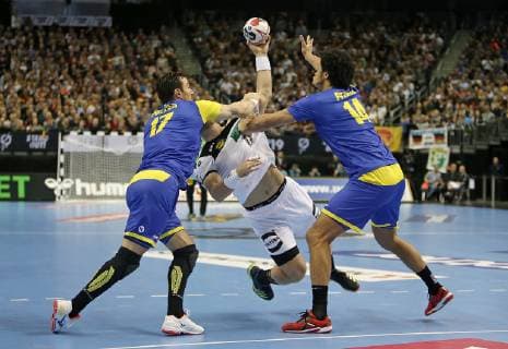 12 01 2019 Handball IHF World Championship Denmark and Germany 2019 preliminary round Group A Germany Brazil in the Mercedes Benz Arena Berlin L R Alexandro Pozzer Brazil against Steffen Weinhold Germany and Petrus Thiagus Santos Brazil