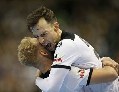 12 01 2019 Handball IHF World Championship Denmark and Germany 2019 Preliminary round Group A Germany Brazil in the Mercedes Benz Arena Berlin L R Matthias Musche Germany and Patrick Groetzki Germany cheer