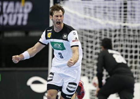 12 01 2019 Handball IHF World Championship Denmark and Germany 2019 Preliminary round Group A Germany Brazil in the Mercedes Benz Arena Berlin Uwe Gensheimer Germany celebrates