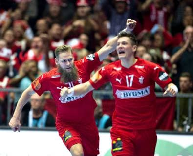 Nikolaj OEris Nielsen and Lasse Svan of Denmark celebrate during the mens IHF Handball World Championship Group C match between Denmark and Tunisia in Herning Denmark Saturday Jan 12 2019 Herning Jutland Denmark, detectedSourceLanguage  Copyright: HenningxBagger HenningxBaggerx COP101 spdk20190112-221405-L