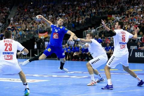 Germany Berlin Mercedes Benz Arena IHF Mens Handball World Championship France FRA Serbia Miljan Pusica Drasko Nenadic SRB Kentin Mahe FRA