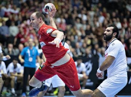 Simon Hald Jensen of Denmark and Khaled Haj Youssef of Tunisia during the mens IHF Handball World Championship Group C match between Denmark and Tunisia in Herning Denmark Saturday Jan 12 2019 Herning Jutland Denmark, detectedSourceLanguage  Copyright: HenningxBagger HenningxBaggerx COP101 spdk20190112-222408-L
