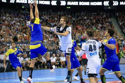 Germany Berlin Mercedes Benz Arena IHF Mens Handball World Championship Germany 38 Fabian Boehm GER Brazil Guilherme Valadao Gama BRA