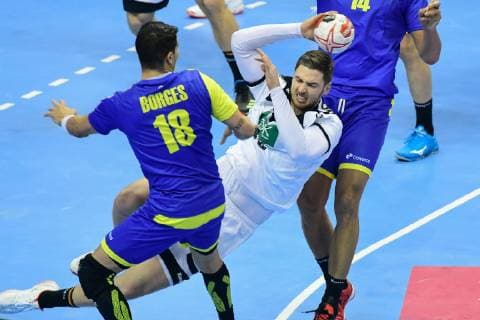 Germany Berlin Mercedes Benz Arena IHF Mens Handball World Championship Germany 13 Hendrik Pekeler GER Brazil 18 Felipe Borges BRA