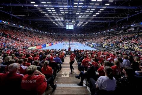 Handball WM, Dänemark - Tunesien Spectators in the Jyske Bank Boxen during the men s IHF Handball World Championship WM Weltmeisterschaft Group C match 18 between Denmark and Tunisia. Herning Denmark on Saturday Jan 12 2019 Herning Denmark, Denmark 