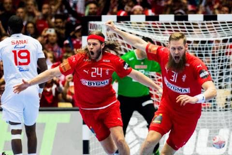 190112 Mikkel Hansen and Nikolaj Oris of Denmark celebrate during the IHF World Handball Championship match between Denmark and Tunisia on January 12 2019 in Herning Photo Jon Olav Nesvold BILDBYRAN code JE 160397, detectedSourceLanguage  Copyright: JONxOLAVxNESVOLD BB190112JE224