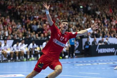 DK: 20190112, Herning, Danmark: 2019 IHF Verdensmesterskabet i handbold i Tyskland Danmark i Jyske Bank Boxen, Herning: Danmark-Tunesien. Lasse Swann (17), Denmark Foto: Lars M¿ller UK: 20190112, Herning, Denmark: 2019 IHF Handball World Championship WM Weltmeisterschaft in Germany and Denmark. Jyske Bank Boxen, Herning. Denmark-Tunisia. Lasse Swann (17), Denmark 