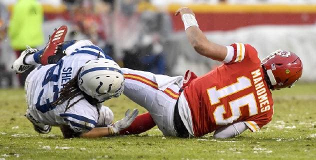 January 12, 2019 - Kansas City, MO, USA - Kansas City Chiefs quarterback Patrick Mahomes (15) is sacked by Indianapolis Colts defensive end Jabaal Sheard in the second quarter in an AFC Divisional game on Saturday, Jan. 12, 2019, at Arrowhead Stadium in Kansas City, Mo. The Chiefs advanced, 31-13. Indianapolis at Kansas City - ZUMAm67_ 20190112_zaf_m67_038 Copyright: xJohnxSleezerx