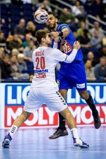 France vs. Serbia Handball World Championship 2019 12 01 2019 Adrien Dipanda FRA 27 and Ivan Mosic SRB 20 at the match between France and Serbia at the Handball World Championship in Berlin on 12 01 2019 Berlin BER Germany Mercedes Benz Arena