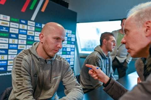 HANDBALL - IHF WC HERNING,DENMARK,13.JAN.19 - HANDBALL - IHF Men s World Championships, press conference PK Pressekonferenz team AUT. Image shows Robert Weber and Nikola Bilyk (AUT) during personal interviews. GEPAxpictures xOliverxLerch