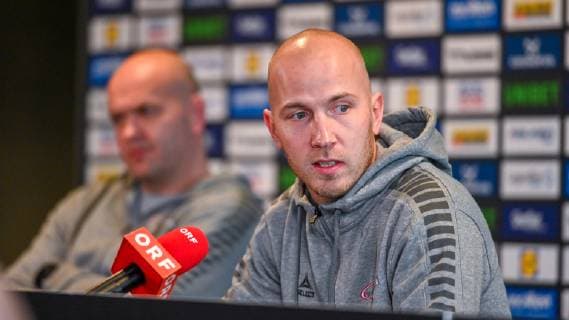 HANDBALL - IHF WC HERNING,DENMARK,13.JAN.19 - HANDBALL - IHF Men s World Championships, press conference PK Pressekonferenz team AUT. Image shows head coach Patrekur Johannesson and Robert Weber (AUT). GEPAxpictures xOliverxLerch