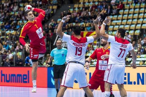 Munich Germany 13 January 2019 World Championship 2019 Men Group B Macedonia vs Bahrain vs Kiril Lazarov Macedonia Mohamed Merza Bahrain Jasmin Alsalatna Bahrain Munich Olympic Hall Bayern Germany