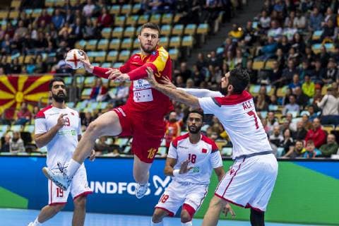Munich Germany 13 January 2019 World Championship 2019 Men Group B Macedonia vs Bahrain vs Mohamed Merza Bahrain Filip Kuzmanovski Macedonia Ahmed Jalal Bahrain Ali Merza Bahrain Munich Olympic Hall Bayern Germany