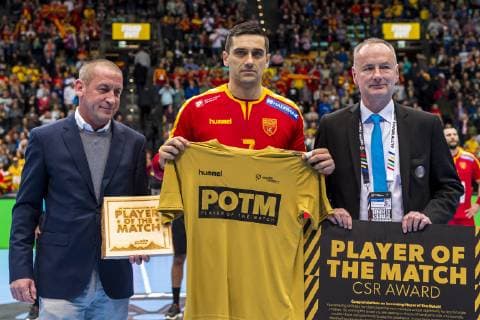 Munich Germany 13 January 2019 World Cup 2019 Men Group B Macedonia vs. Bahrain Player of the Match Kiril Lazarov Macedonia Munich Olympic Hall Bayern Germany