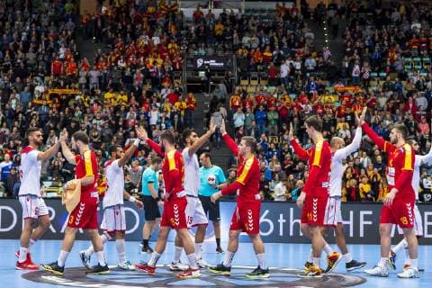 Munich Germany 13 January 2019 World Cup 2019 Men Group B Macedonia vs Bahrain the team of Bahrain and Macedonia Munich Olympic Hall Bayern Germany