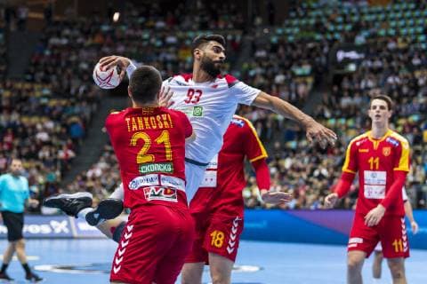 Munich Germany 13 January 2019 World Cup 2019 Men Group B Macedonia vs. Bahrain Mario Tankoski Macedonia Mohamed Habib Bahrain Munich Olympic Hall Bavaria Germany