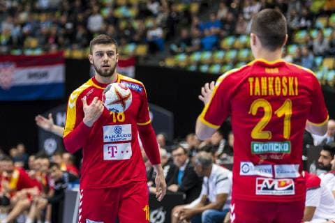 Munich Germany 13 January 2019 WM 2019 Men Group B Macedonia vs Bahrain v li Filip Kuzmanovski Macedonia Mario Tankoski Macedonia Munich Olympic Hall Bayern Germany