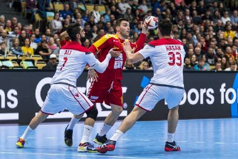 Munich Germany 13 January 2019 World Cup 2019 Men Group B Macedonia vs Bahrain vs Ali Merza Bahrain Filip Churlevski Macedonia Hasan Madan Bahrain Munich Olympic Hall Bayern Germany
