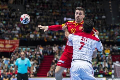 Munich Germany 13 January 2019 World Cup 2019 Men Group B Macedonia vs. Bahrain Filip Churlevski Macedonia Ali Merza Bahrain Munich Olympic Hall Bayern Germany