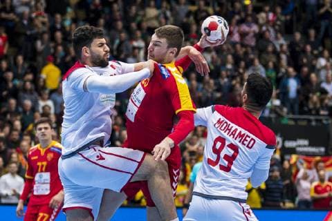 Munich Germany 13 January 2019 World Cup 2019 Men Group B Macedonia vs. Bahrain vs. Ali Merza Bahrain Goran Krstevski Macedonia Mohamed Habib Bahrain Munich Olympic Hall Bayern Germany