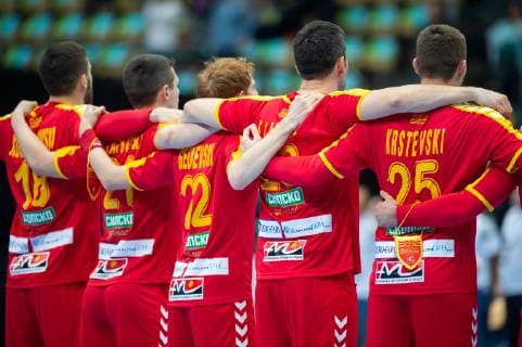 Handball WM 2019 preliminary round group B Munich Olympic Hall Encounter Marzedonia Bahrain in picture Macedonia Team Filip Kuzmanovski Mario Tankoski Goce Georgievski Goran Krstevski @Martin Hangen hangenfoto