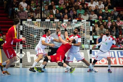 Handball WM 2019 preliminary round Group B Munich Olympic Hall Encounter Marzedonia Bahrain in picture Ali Mersa Mohammed Mersa Mohammed A Husain Abdulla Dschasim Abbas Al Salatna @Martin Hangen hangenfoto