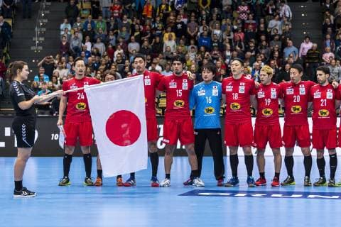 Munich Germany 13 January 2019 World Cup 2019 Men Group B Croatia vs Japan Team of Japan at the National Anthem Munich Olympic Hall Bayern Germany