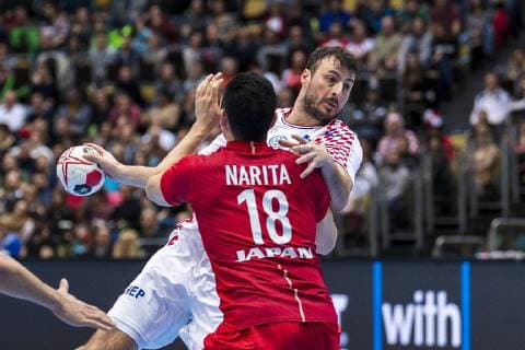 Munich Germany 13 January 2019 World Cup 2019 Men Group B Croatia vs Japan v left in duel Domagoj Duvnjak Croatia THW Kiel Kohei Narita Japan Munich Olympic Hall Bayern Germany