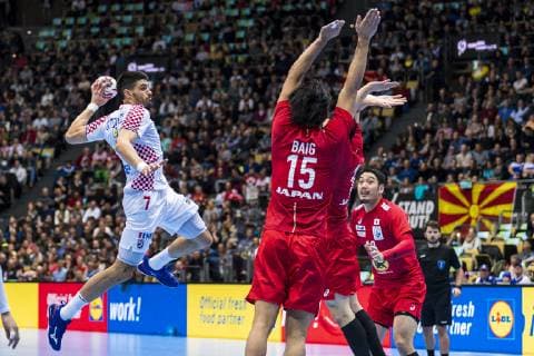Munich Germany 13 January 2019 World Cup 2019 Men Group B Croatia vs Japan vs Luka Stepancic Croatia Adam Yuki Baig Japan Munich Olympic Hall Bayern Germany