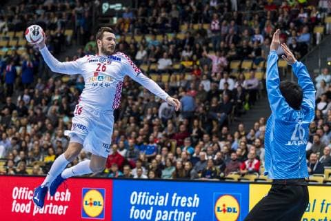 Munich Germany 13 January 2019 World Cup 2019 Men Group B Croatia vs Japan v li Manuel Strlek Croatia Akihito Kai Japan Munich Olympic Hall Bayern Germany
