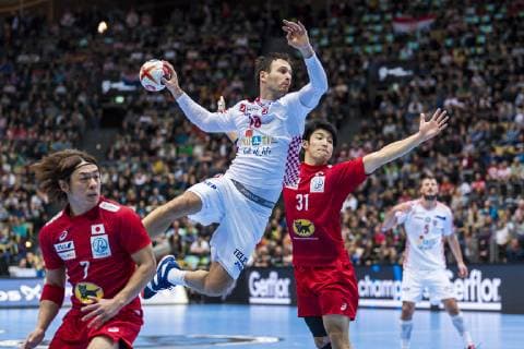Munich Germany 13 January 2019 World Cup 2019 Men Group B Croatia vs Japan v li Daisuke Miyazaki Japan Igor Karacic Croatia Tatsuki Yoshino Japan Munich Olympic Hall Bayern Germany