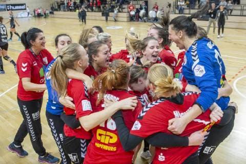 The Wildcats win the game and for the first time in the history of the club they are going to the Final Four in the DHB Cup a jubilation of the team after the victory in the quarter final SV Union Halle Neustadt Wildcats vs. Bayer 04 Leverkusen Handball DHB Cup Season 2018 2019 Copyright xVIADATAx xHolgerxJohnx Halle Saale Sachsen Anhalt Germany