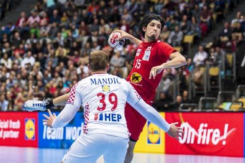 Munich Germany 13 January 2019 World Cup 2019 Men Group B Croatia vs Japan v li David Mandic Croatia Adam Yuki Baig Japan Munich Olympic Hall Bayern Germany