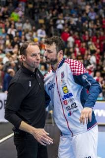 Munich Germany 13 January 2019 World Cup 2019 Men Group B Croatia vs Japan v li Coach Dagur Sigurdsson Japan Domagoj Duvnjak Croatia THW Kiel Munich Olympic Hall Bayern Germany